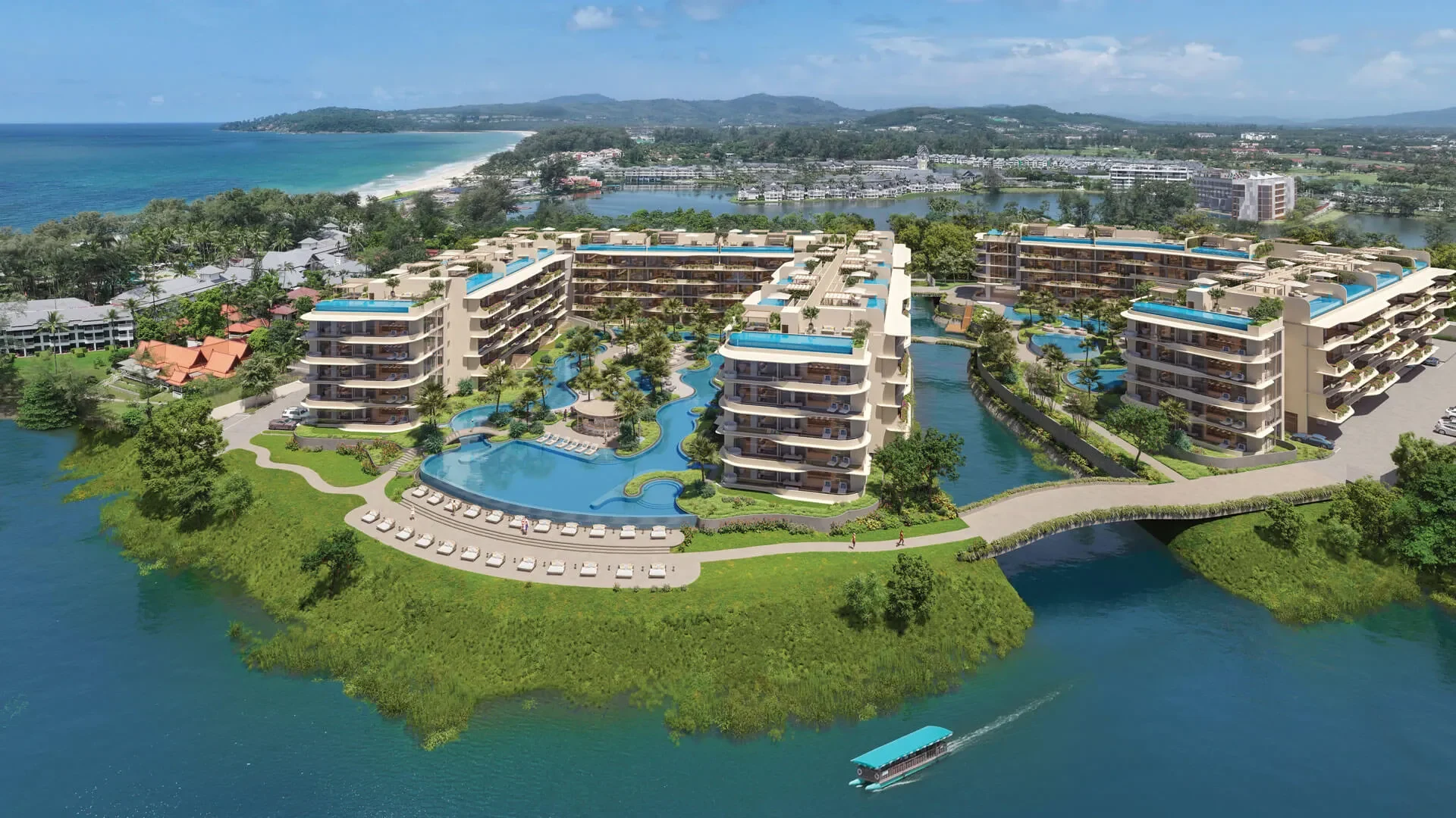 Laguna Beach Residences Bayside: корпуса, канал и бассейн, официальная визуализация